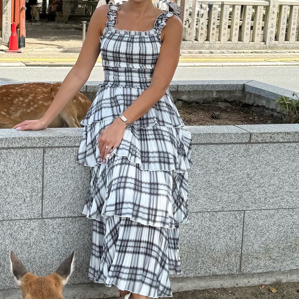 Smocked Ruffle Tiered Plaid Maxi Dress - White/Gray
